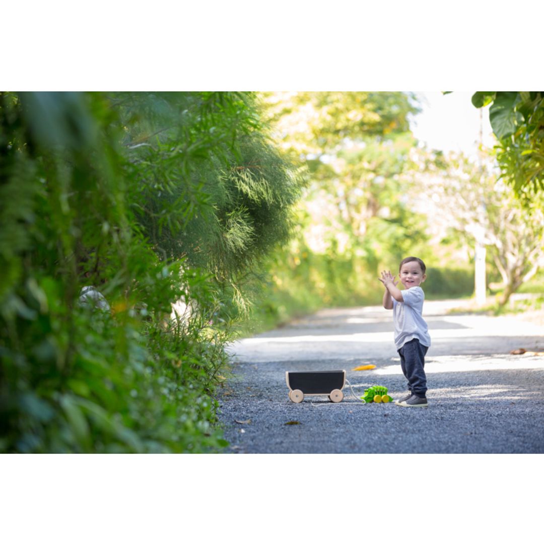 Child playing outside Kids with Black Wagon by Plan Toys