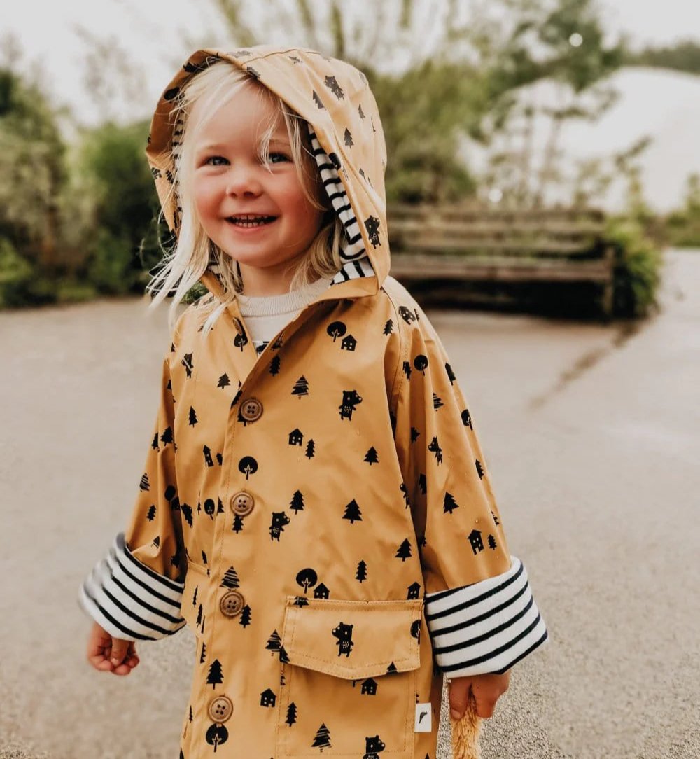 Child wearing bear forest acorn outerwear jacket