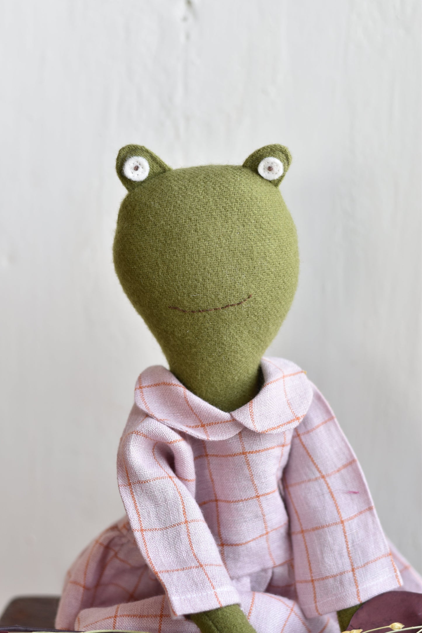 Fern the Frog doll- Linen Grid Gather Dress