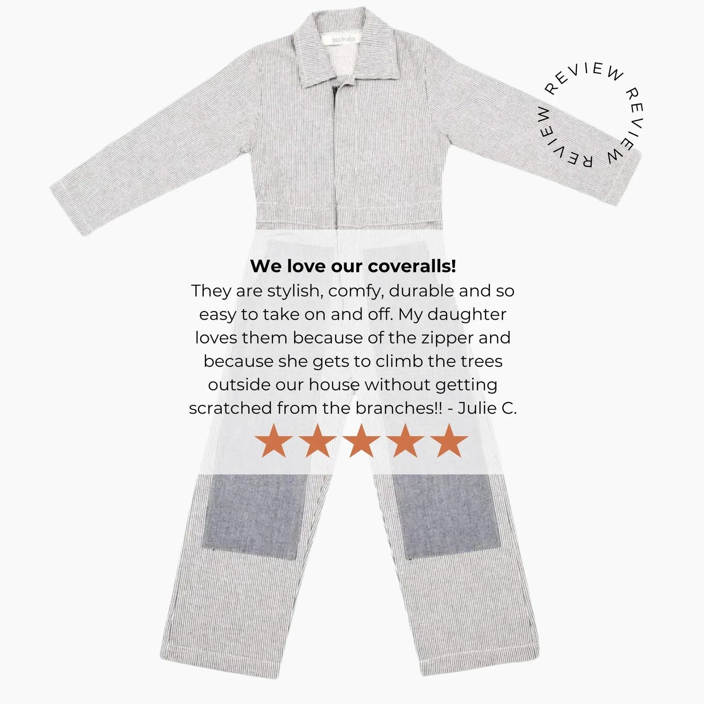 Gray coveralls with a five-star rating and customer review on a white background