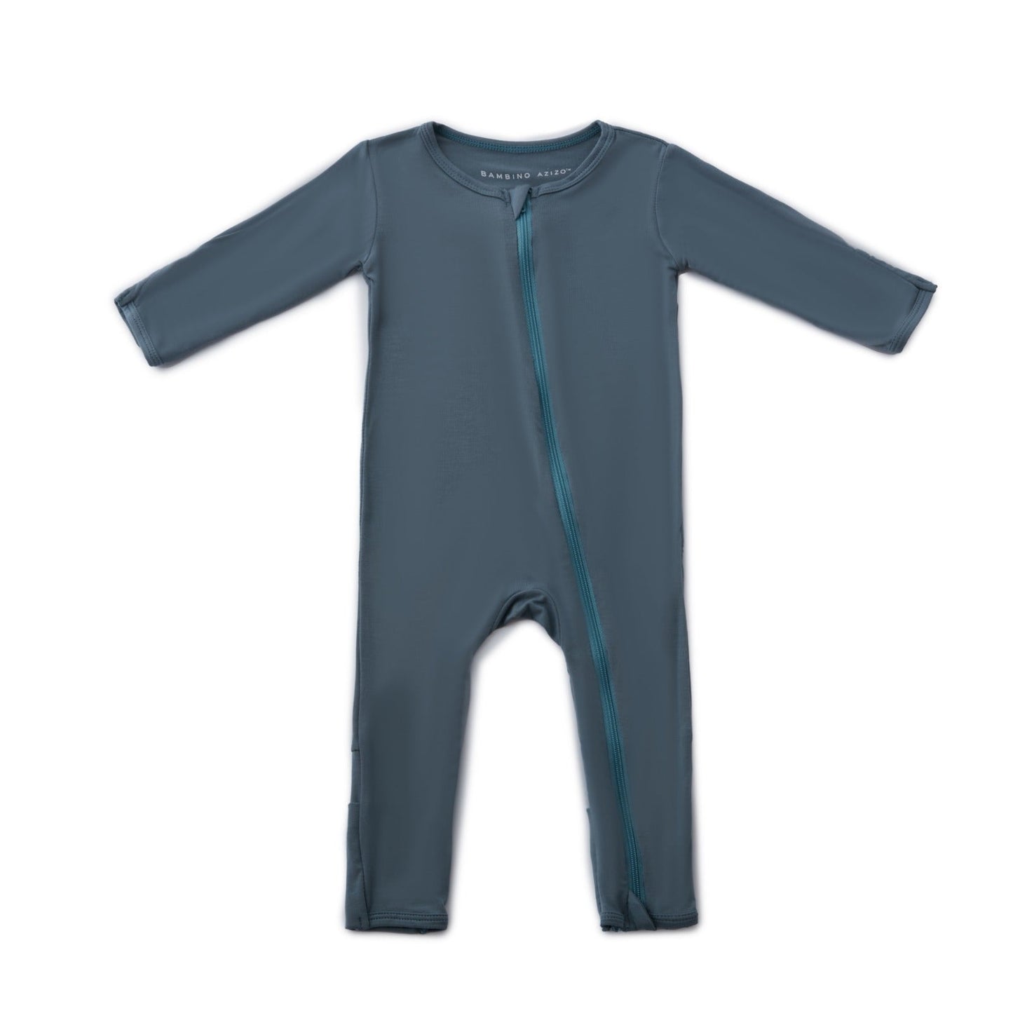Blue baby onesie with a zipper on a white background
