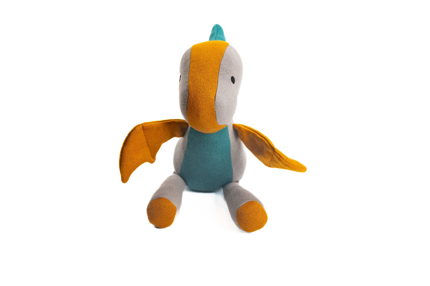 Plush toy pterodactyl with orange wings and a teal body on a white background