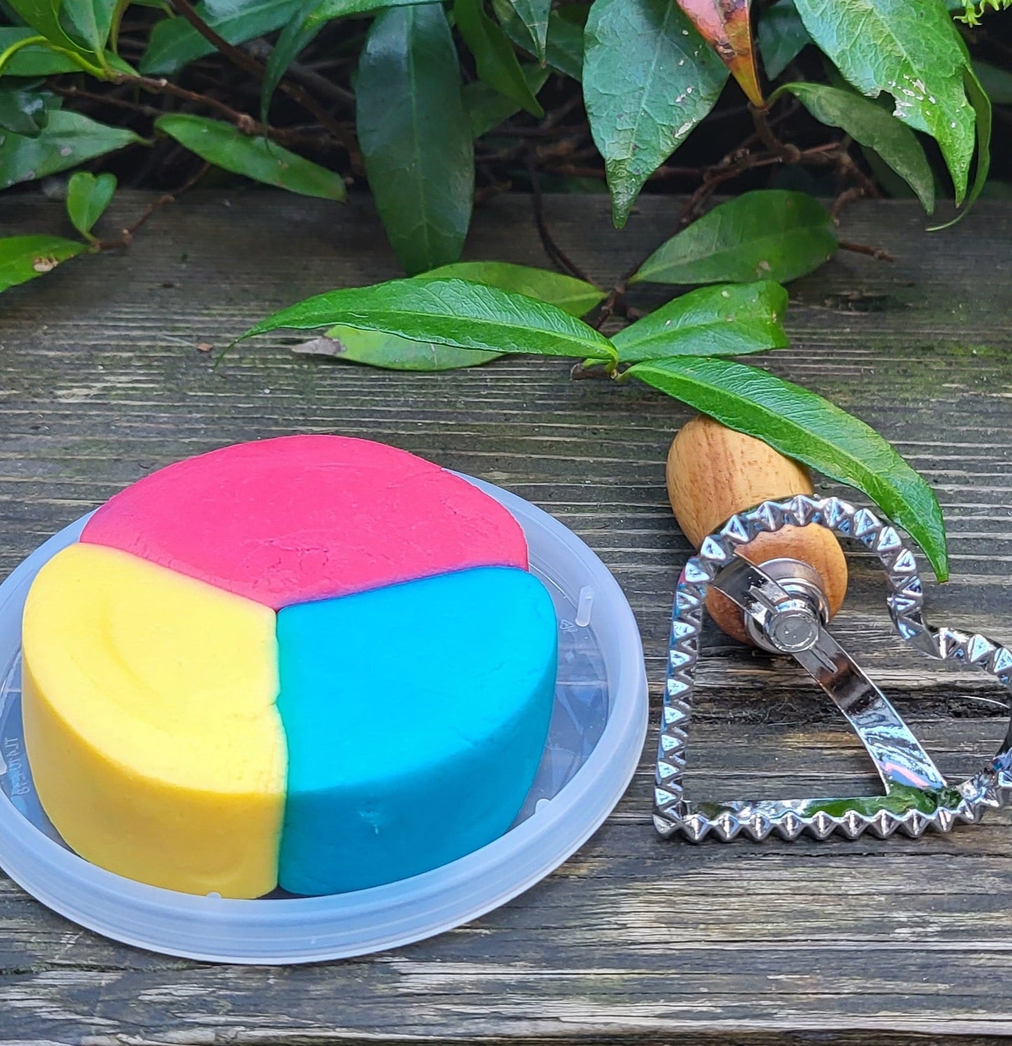 tricolor play dough with heart cutter