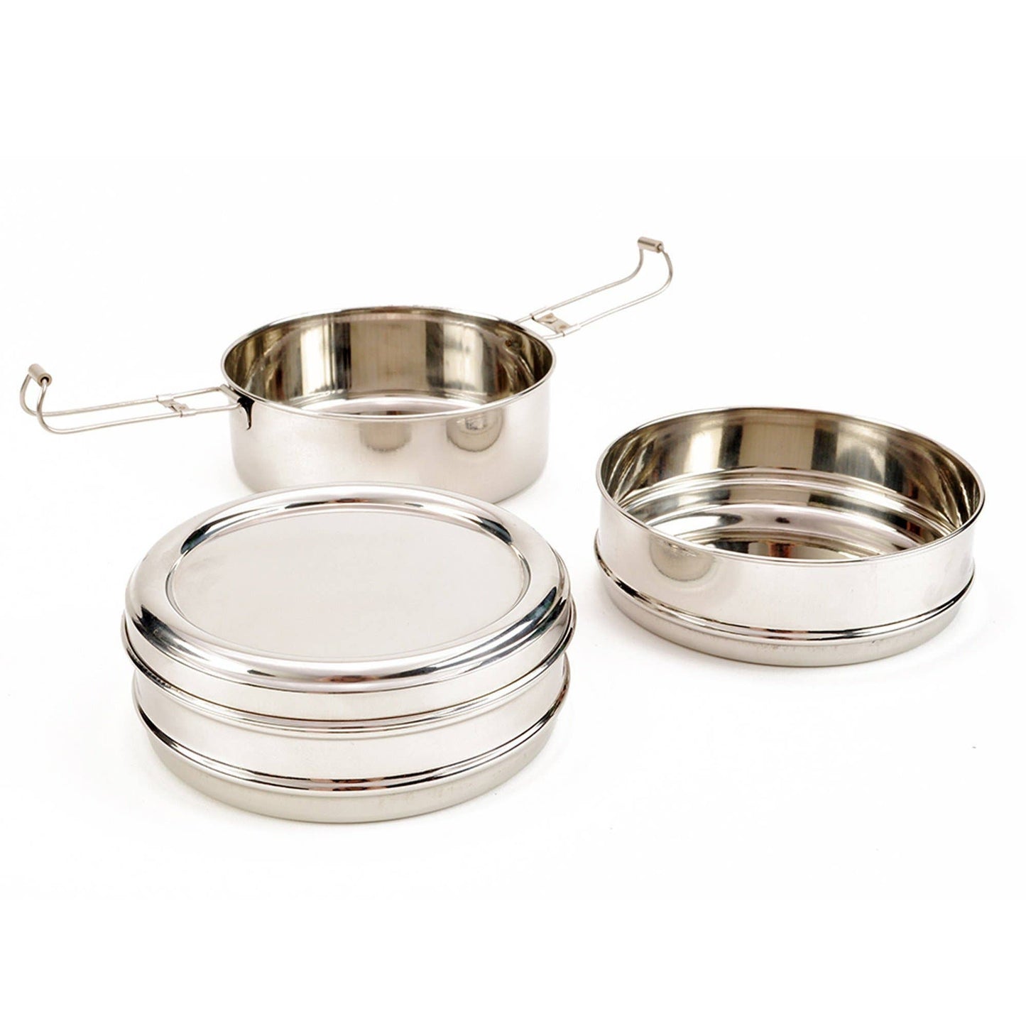 Stainless steel 3-tier bento lunchbox open on a white background