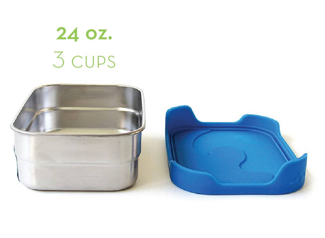 Stainless steel lunchbox with blue lid and measurements on a white background