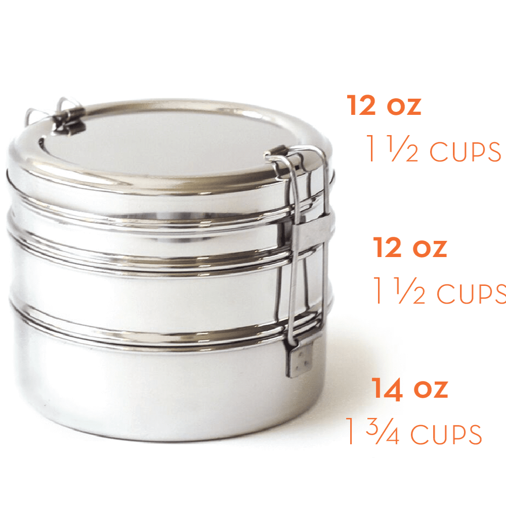 Stainless steel 3-tier bento box with measurement details on a white background