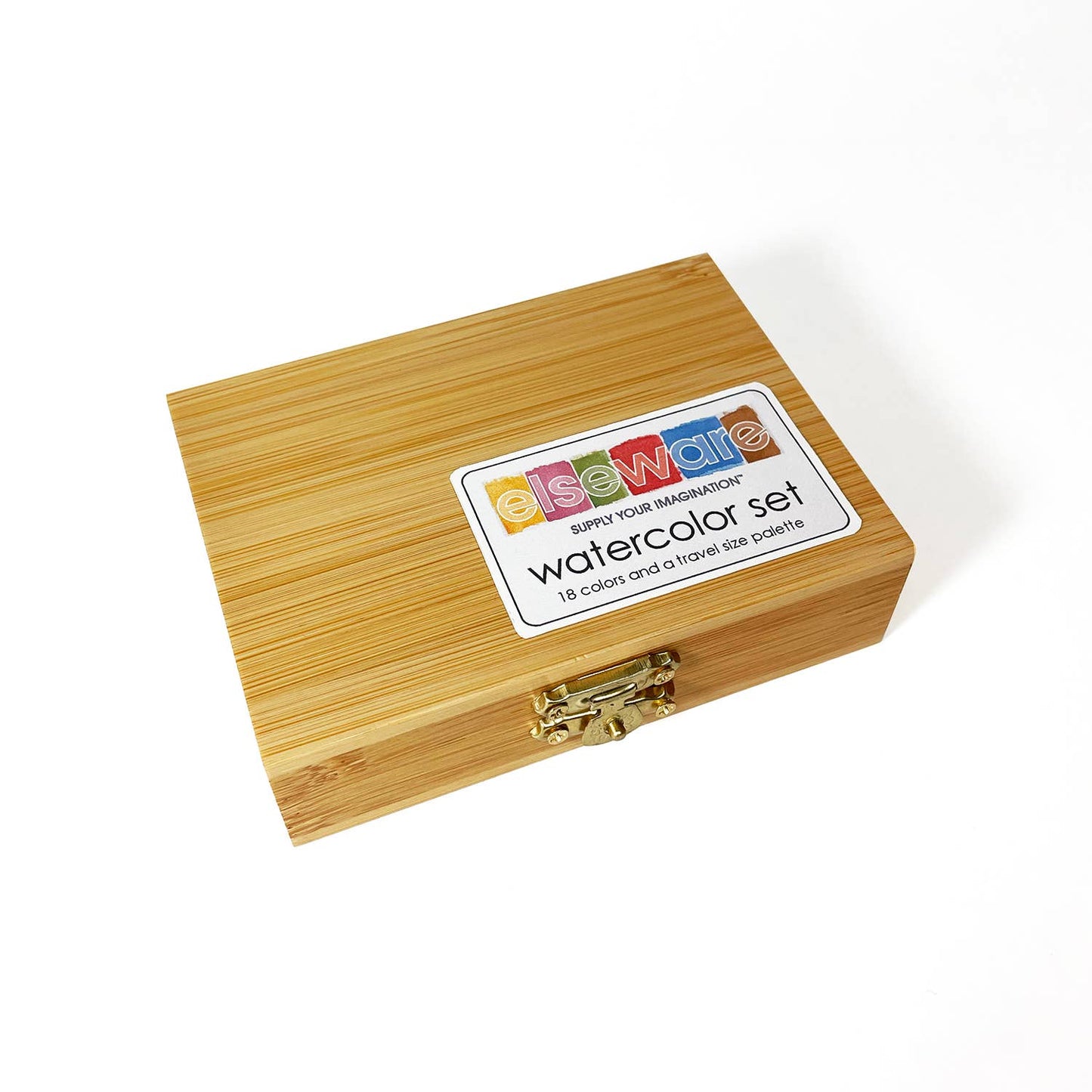 Wooden case for watercolor set with label on a white background