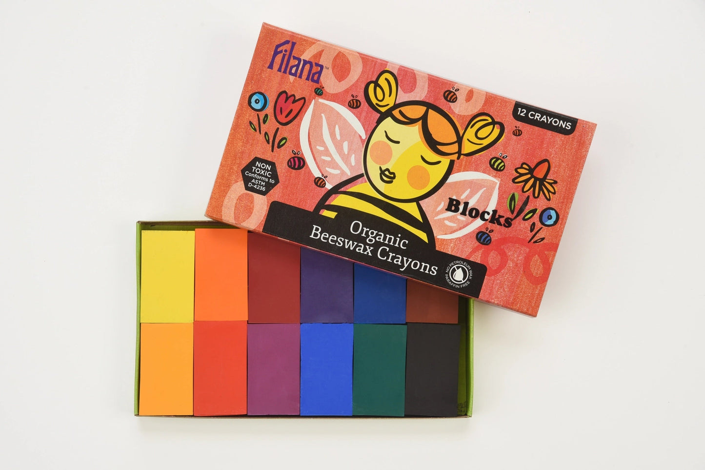 Box of 12 organic beeswax crayons with a colorful bee on the packaging on a white background