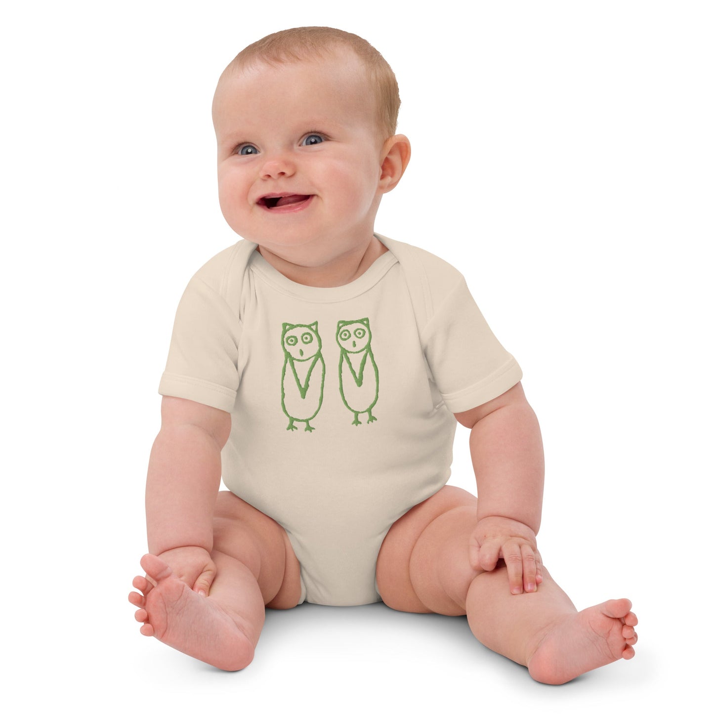 TwOOwls Natural/Green Owl Short Sleeve Romper -100% organic cotton