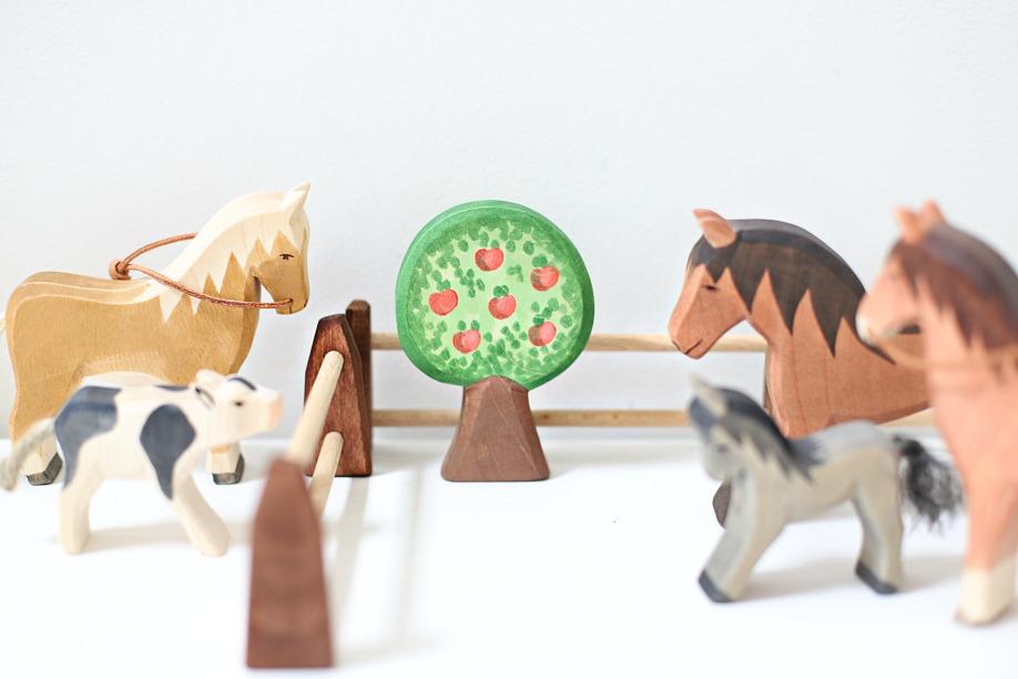 Ostheimer Apple Tree scene two fences, 3 horses a colt and a calf