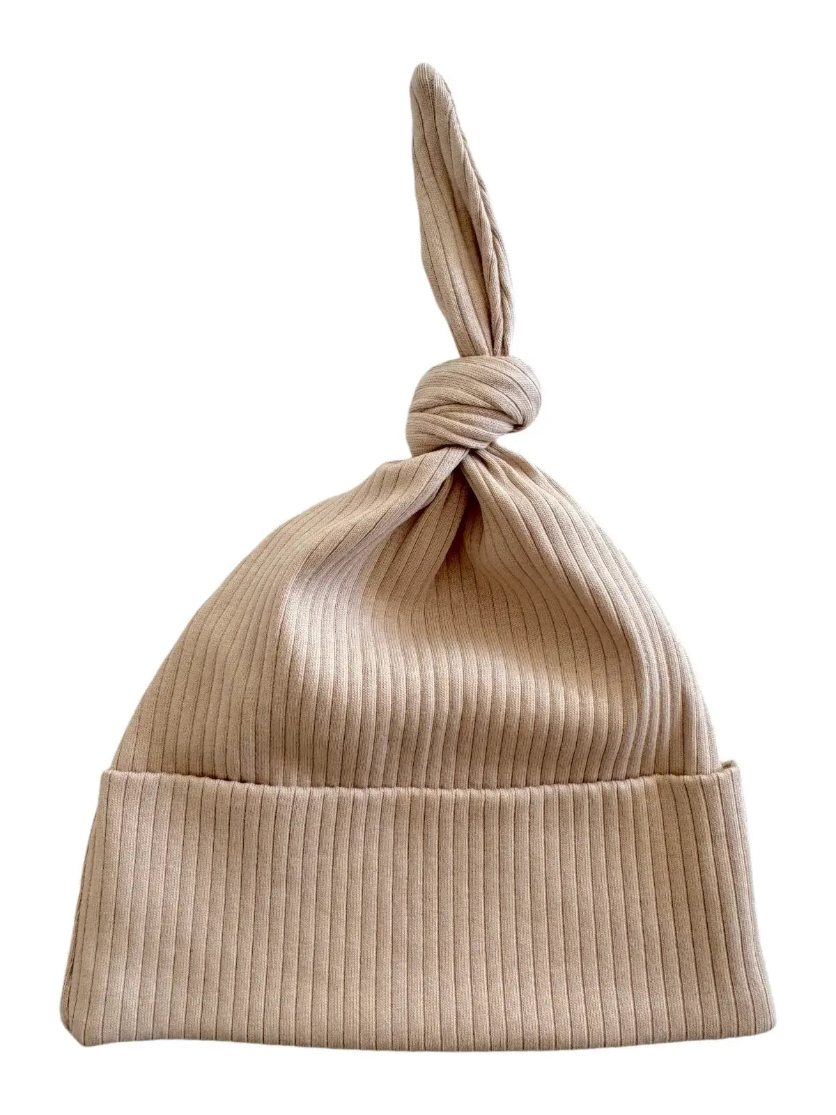 tan ribbed baby knot hat on a white background