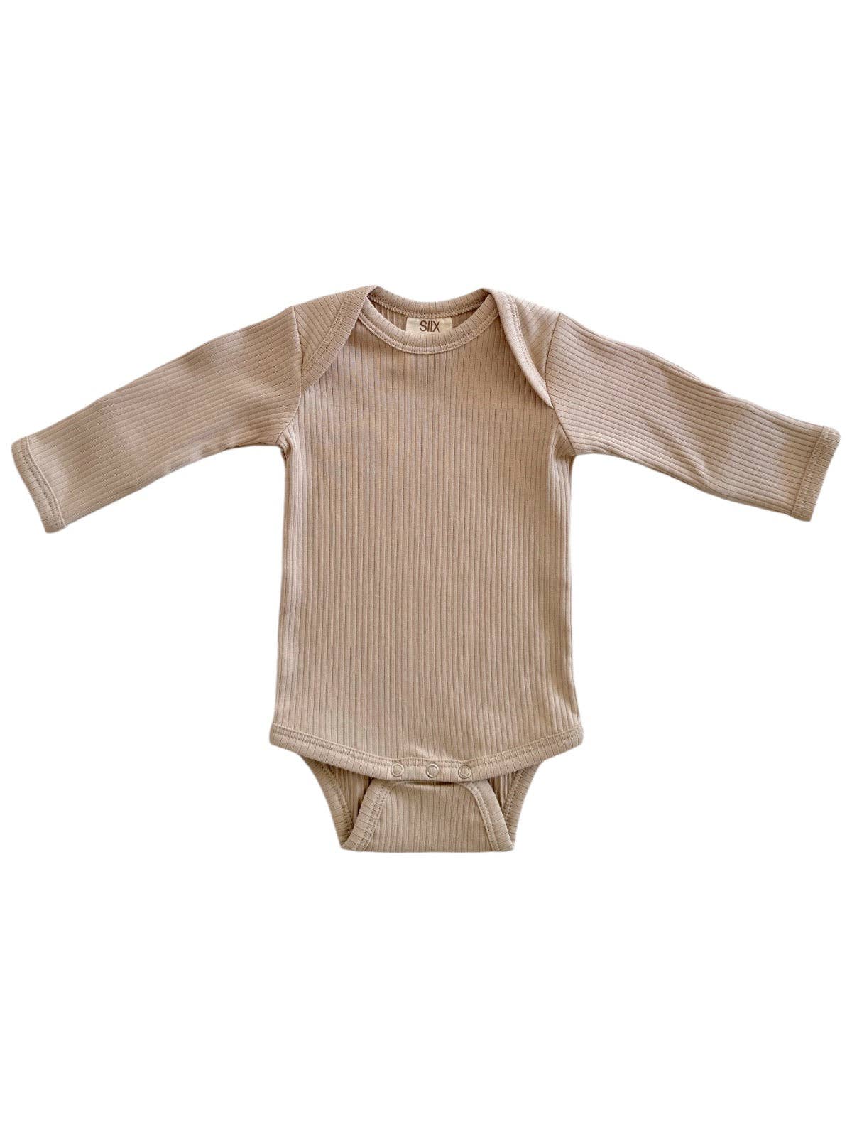 Beige ribbed baby onesie on a white background