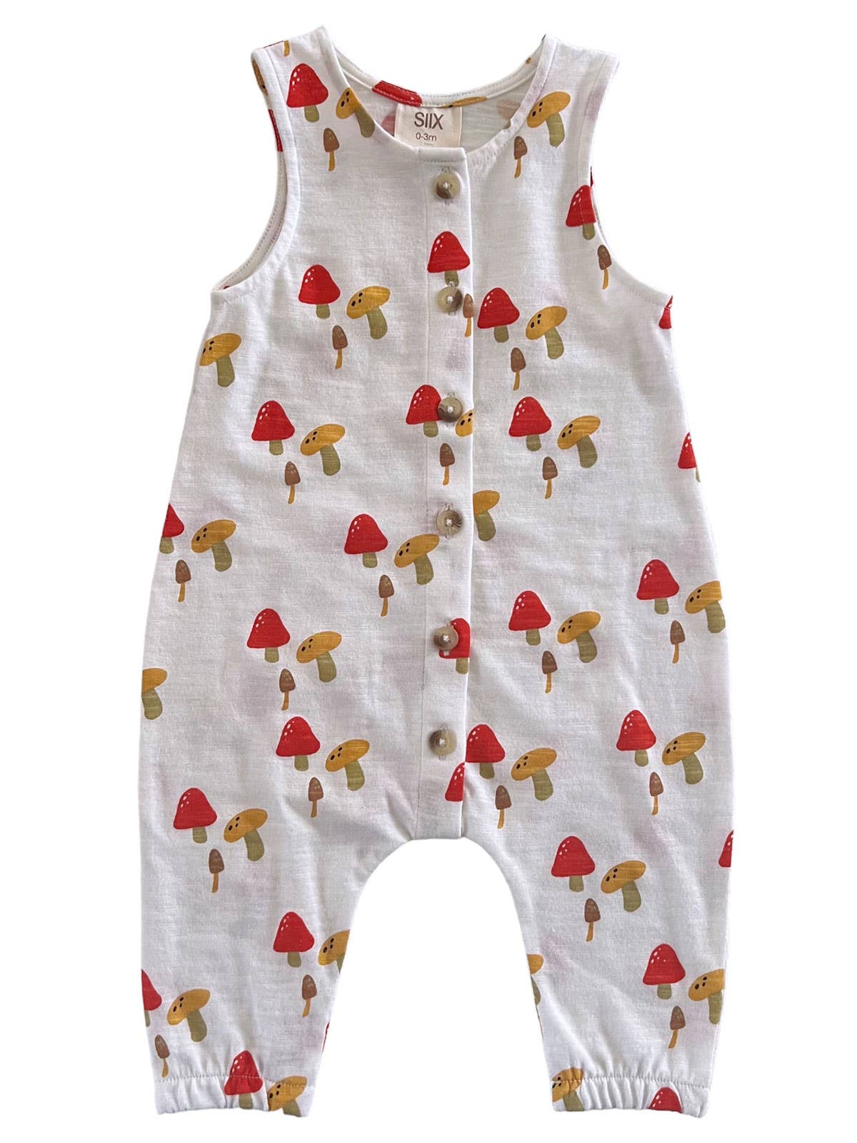 Baby romper with mushroom pattern on a white background