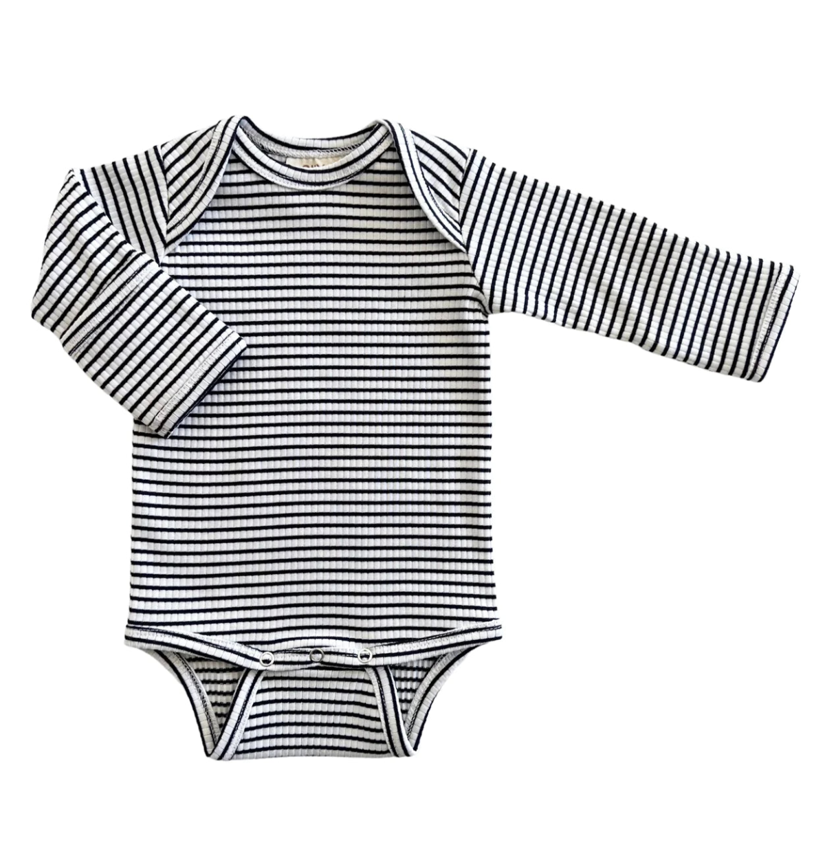 Black and white striped baby onesie on a white background