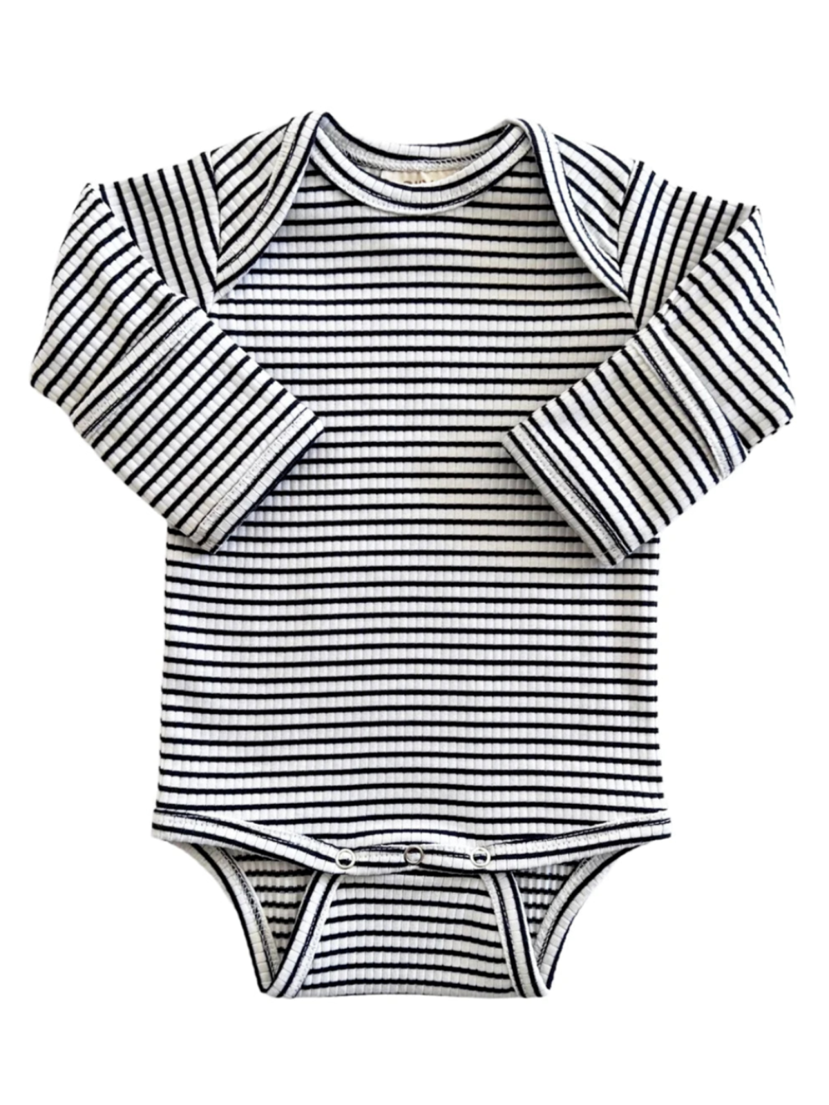 Black and white striped baby onesie on a white background
