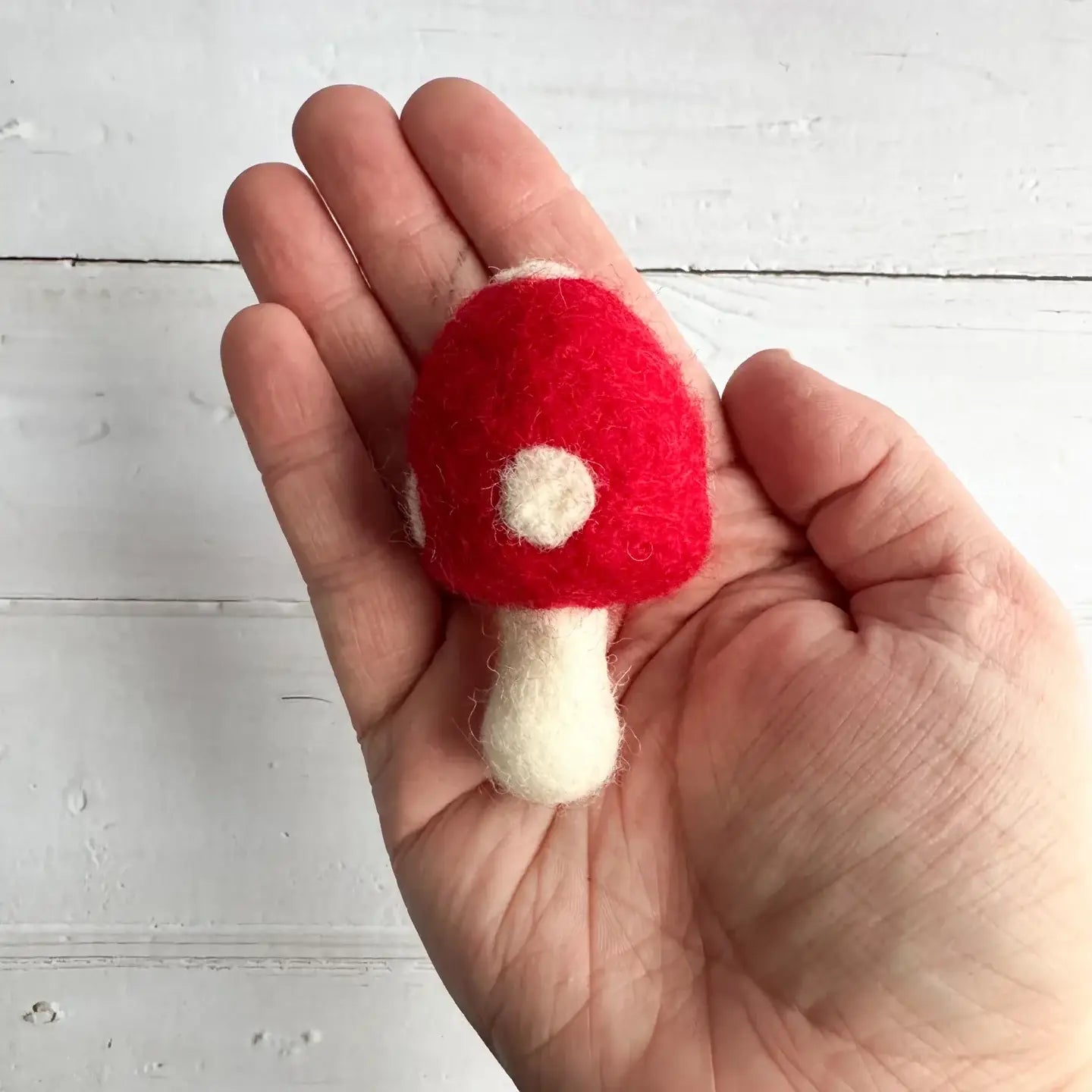 hand holding a felt red mushroom