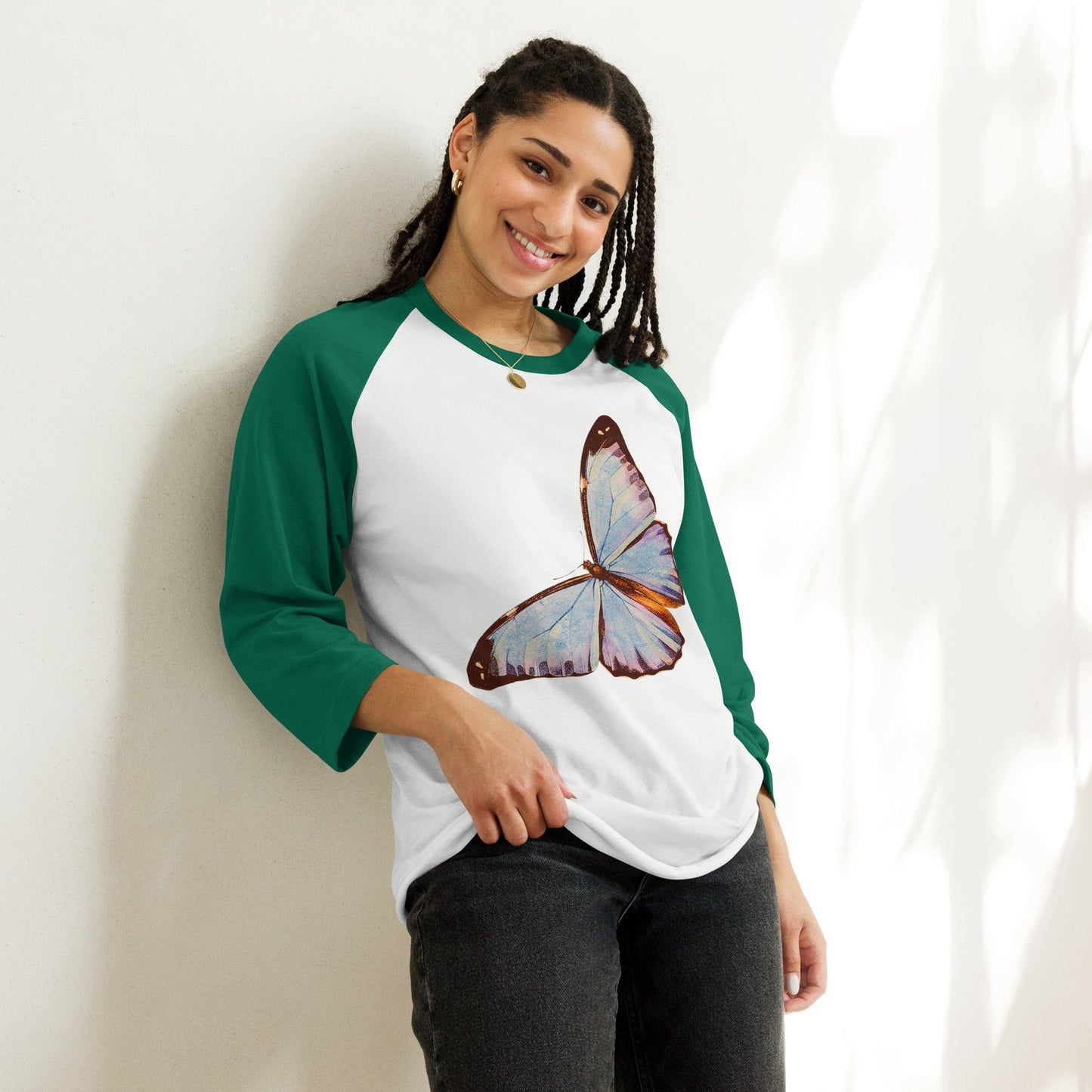 Two Owls Lt Blue Butterfly 3/4 sleeve raglan shirt