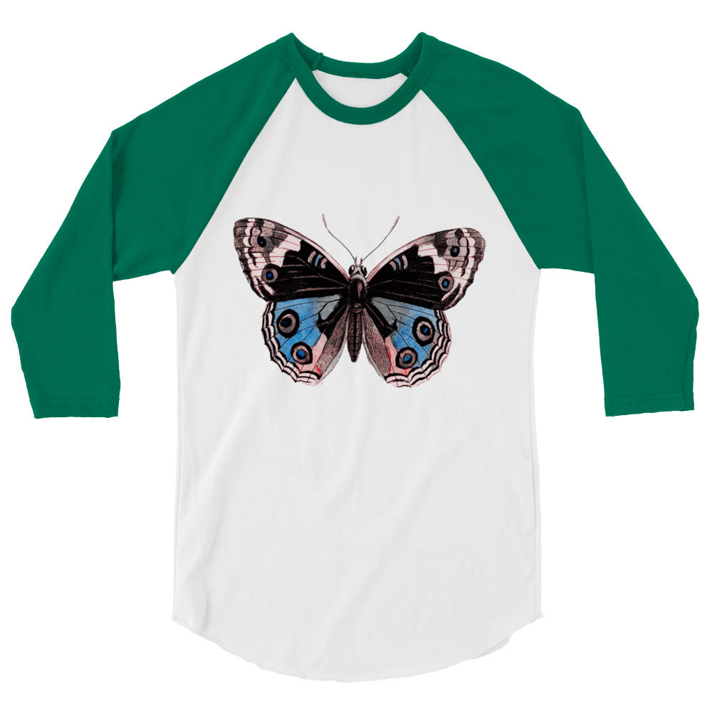 Two Owls Butterfly Black/Blue/Red 3/4 sleeve raglan shirt