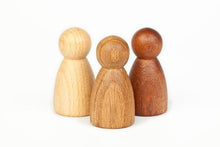 Load image into Gallery viewer, Three wooden peg people, unpainted, in different types of wood
