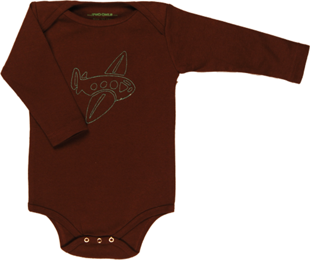 TwOOwls Brown/Blue Airplane Long Sleeve Romper -100% organic cotton