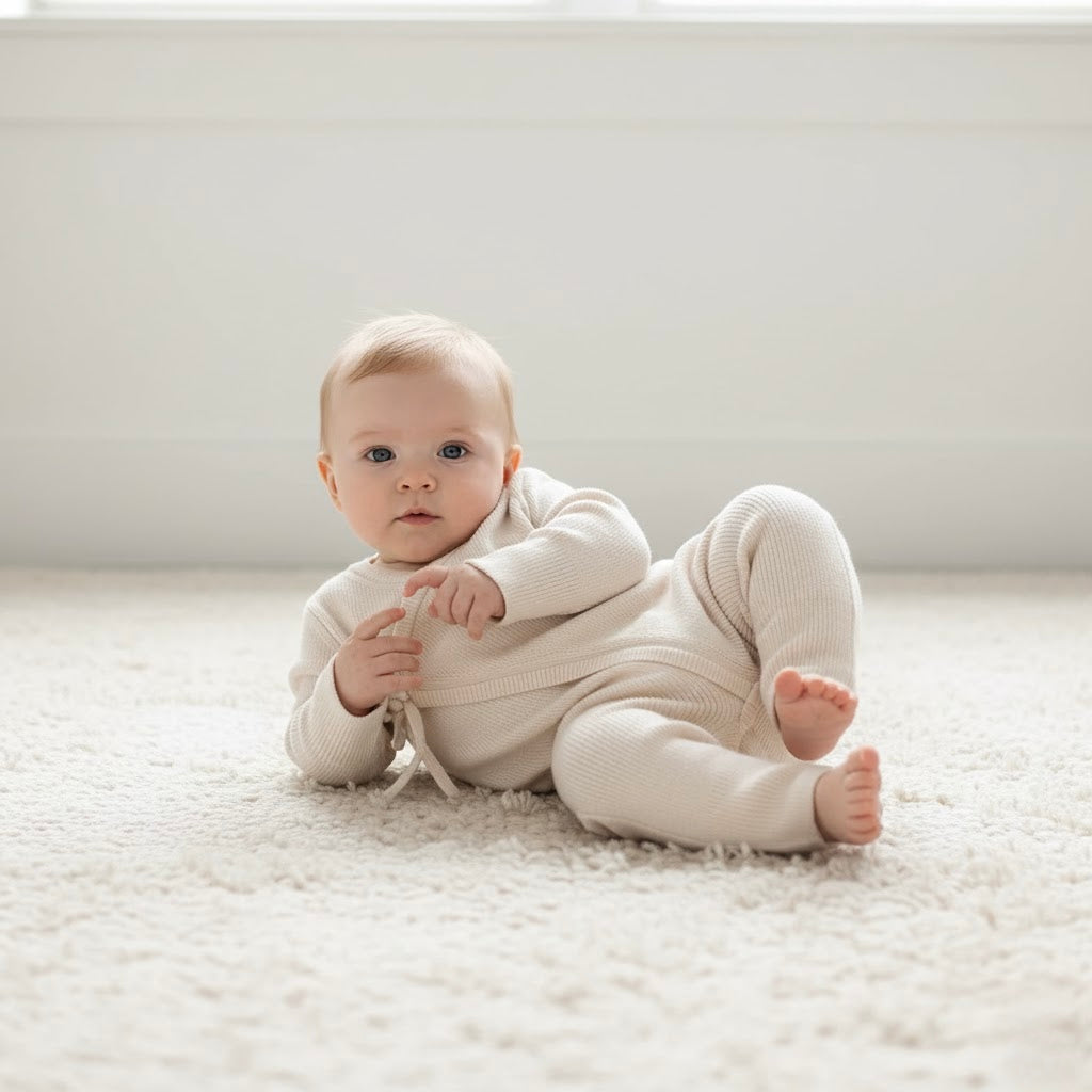 Baby in a white outfit sitting on a light-colored floor.