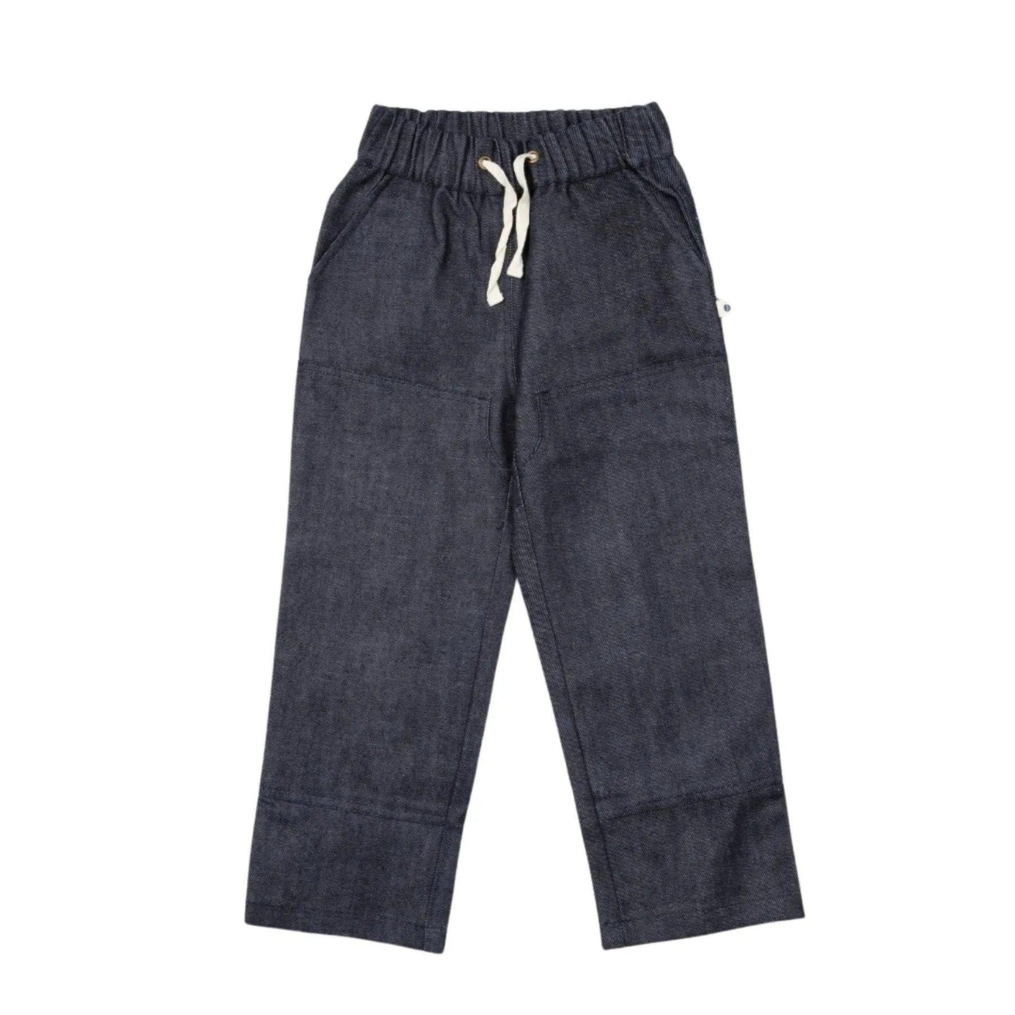 Dark blue pants with a white drawstring on a white background
