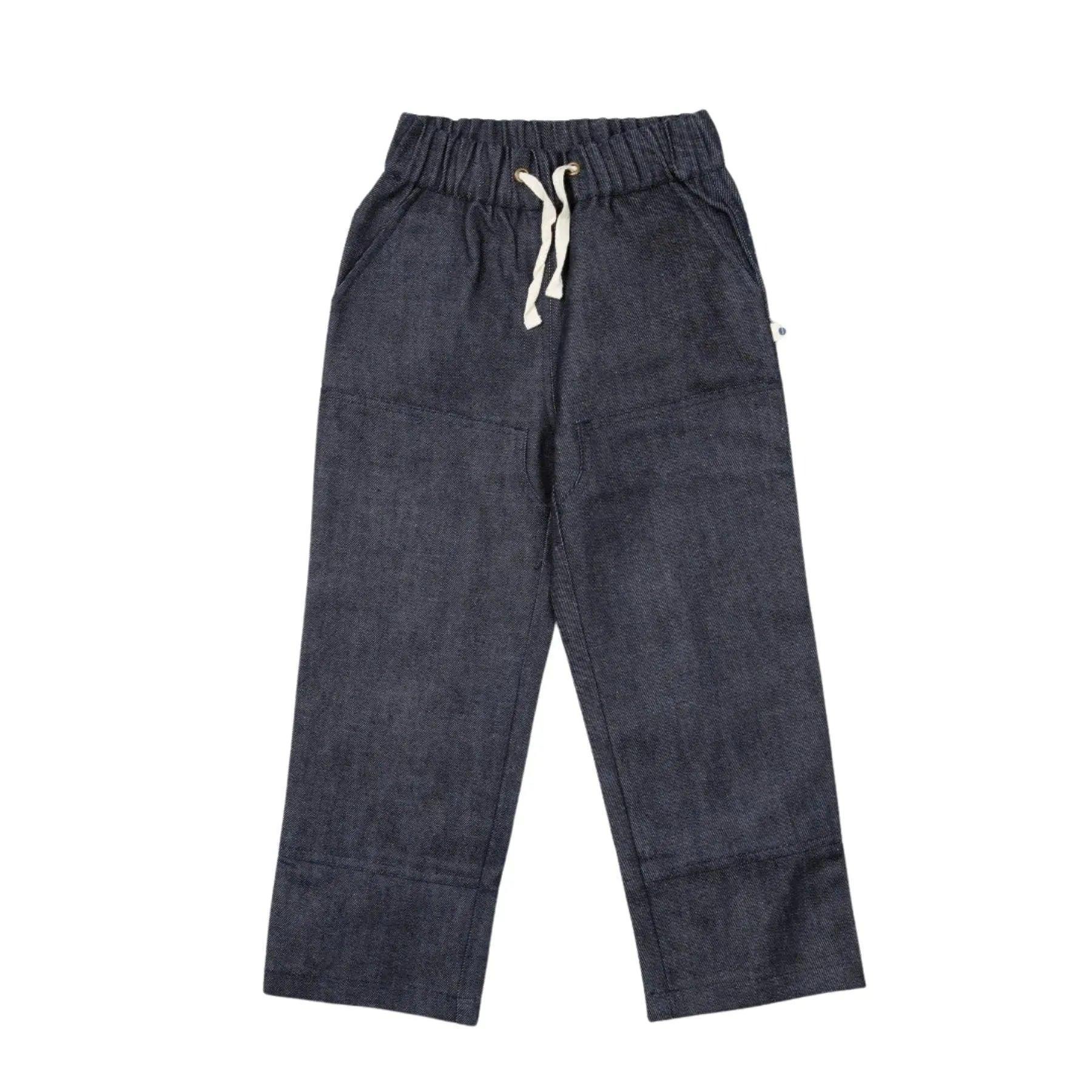 Dark blue pants with a white drawstring on a white background