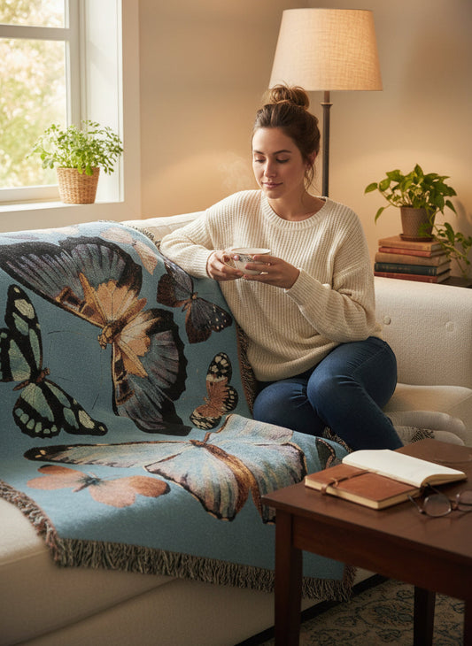 Blue Butterfly Cotton Woven Blanket