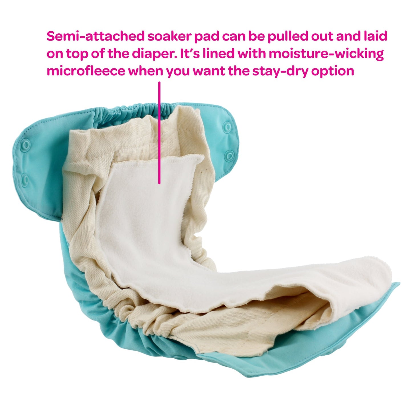 Reusable diaper with a semi-attached soaker pad on a white background