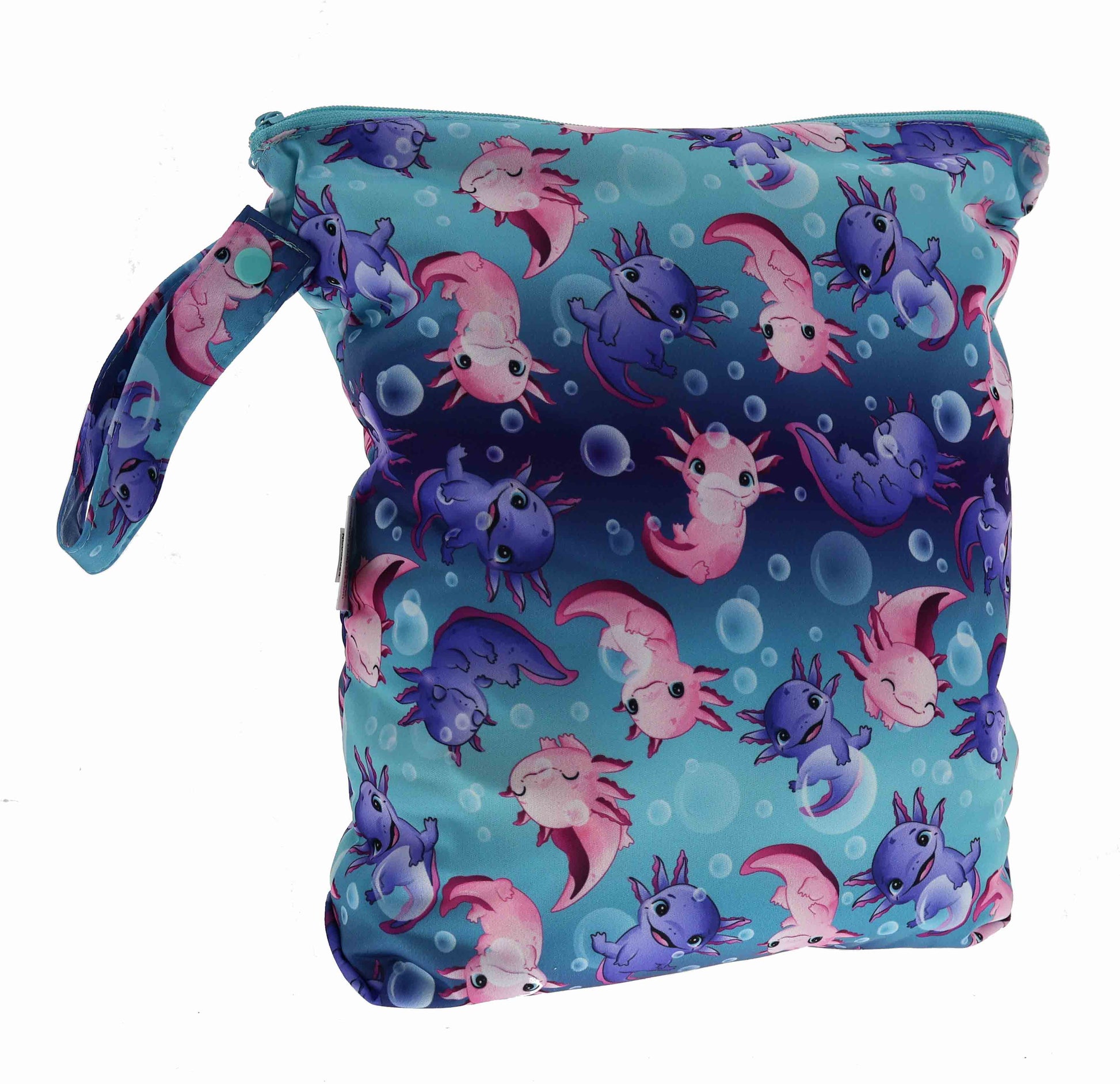 Reusable shopping bag with axolotl pattern on a blue background