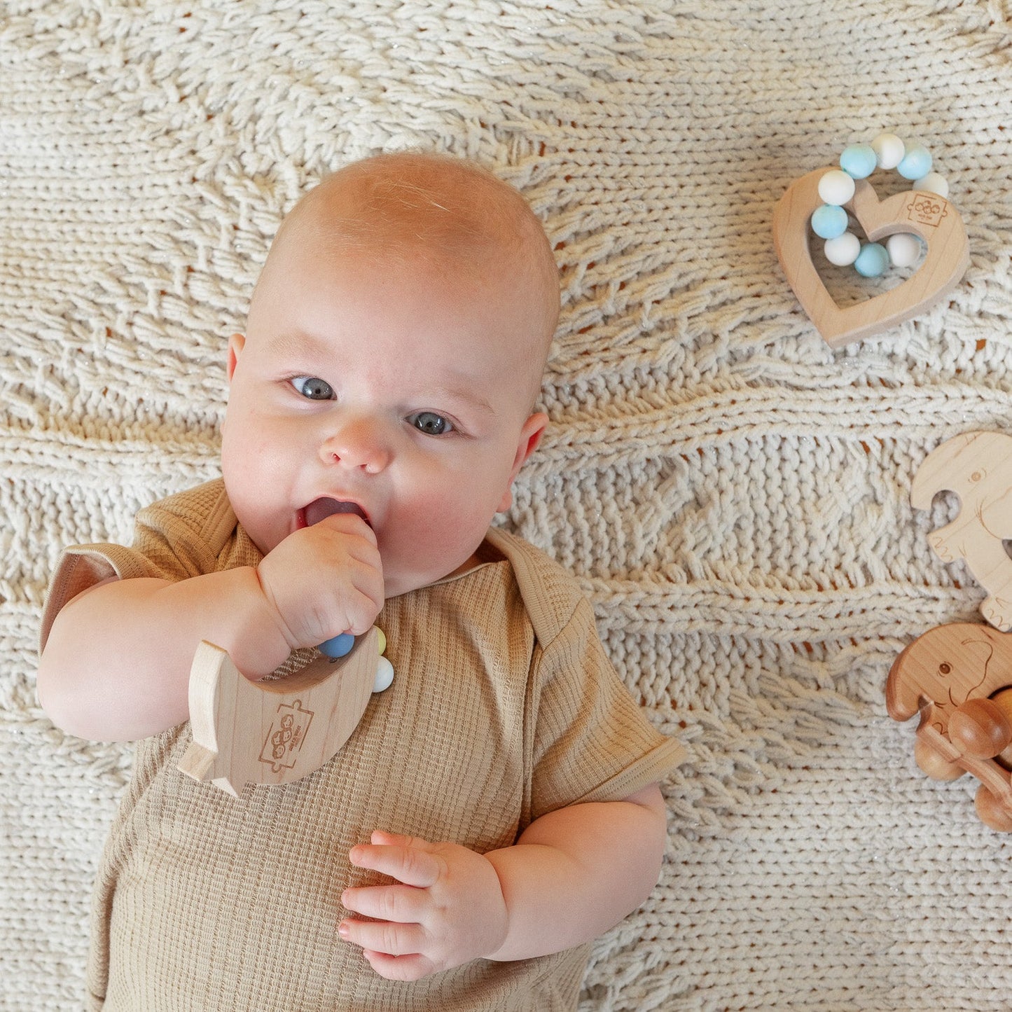 Silicone Bead Teether with Organic Cotton Bag - Heart with Blue Beads | Made in the USA 🇺🇸