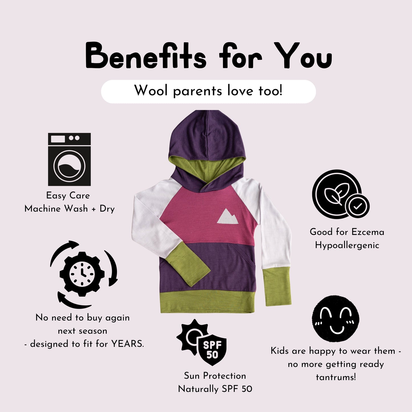 Hoodie with text highlighting its benefits on a light purple background
