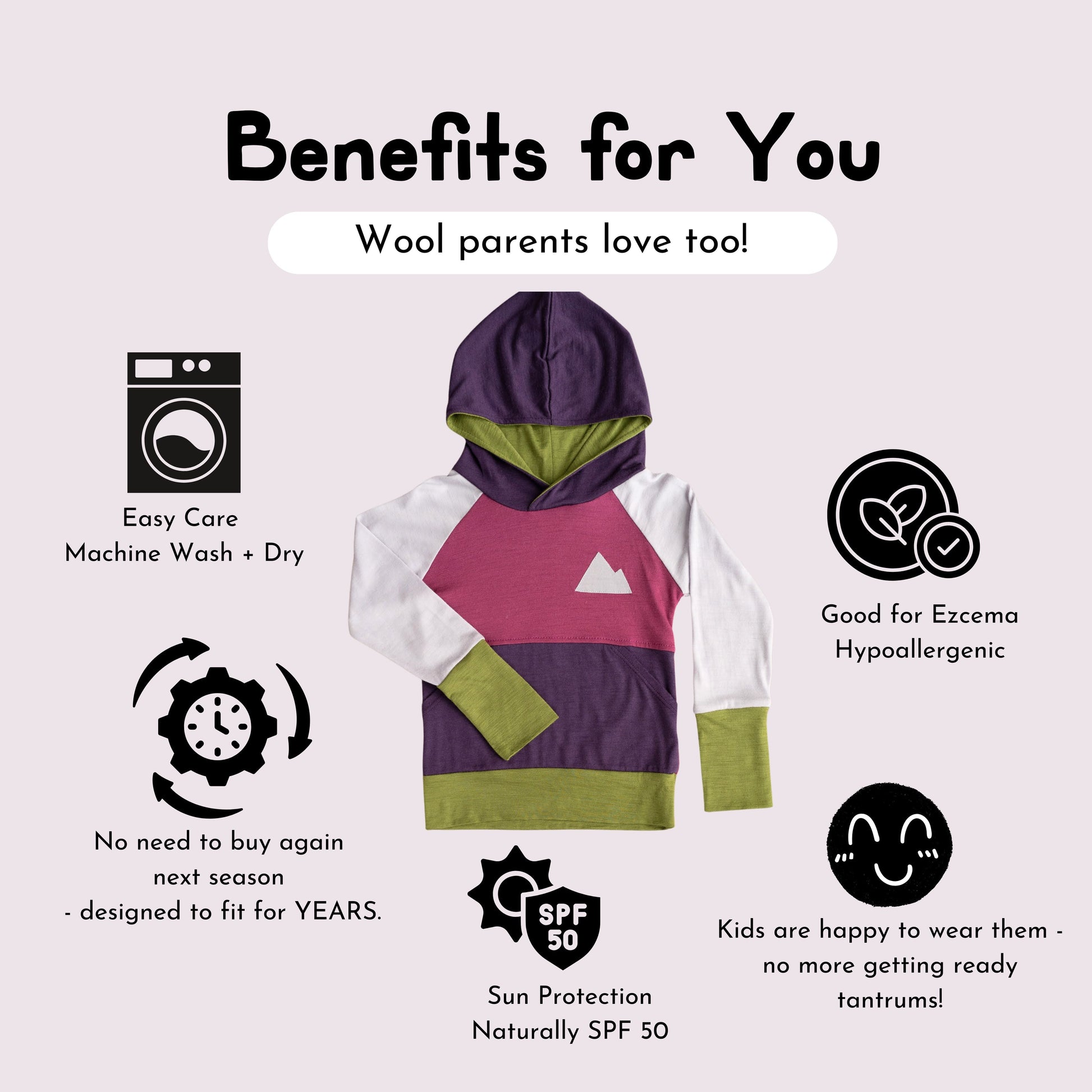 Hoodie with text highlighting its benefits on a light purple background