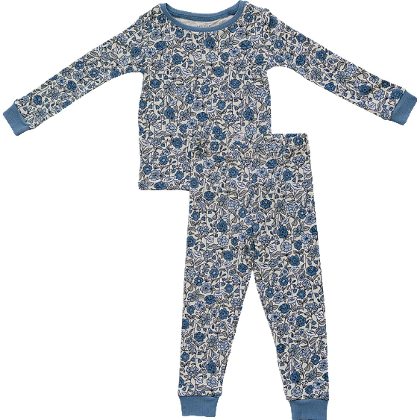 Children's pajama set with blue floral pattern on a white background