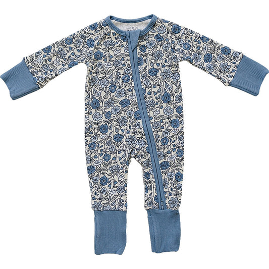 Floral-patterned baby onesie with blue accents on a white background