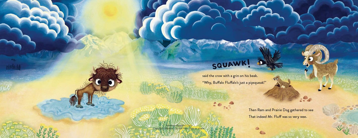 Illustration of a child and dog in a desert landscape with a cloud and sun in the background.