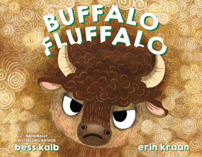 Book cover of 'Buffalo Fluffalo' with a cartoon bison illustration on a gold patterned background.