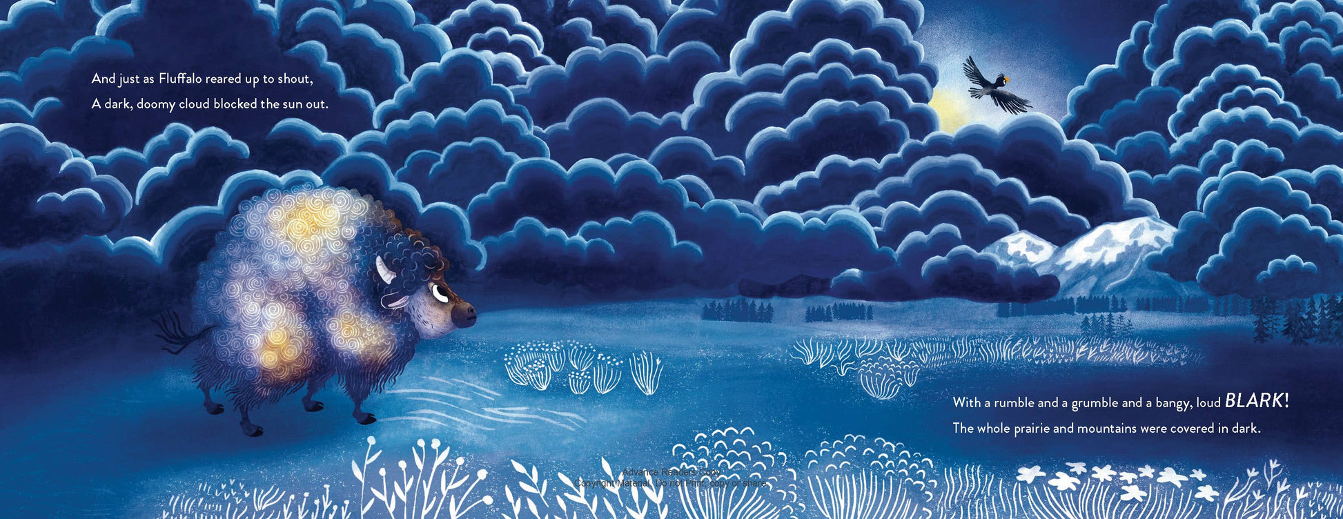 Illustration of a sheep under a night sky with clouds and a bird.