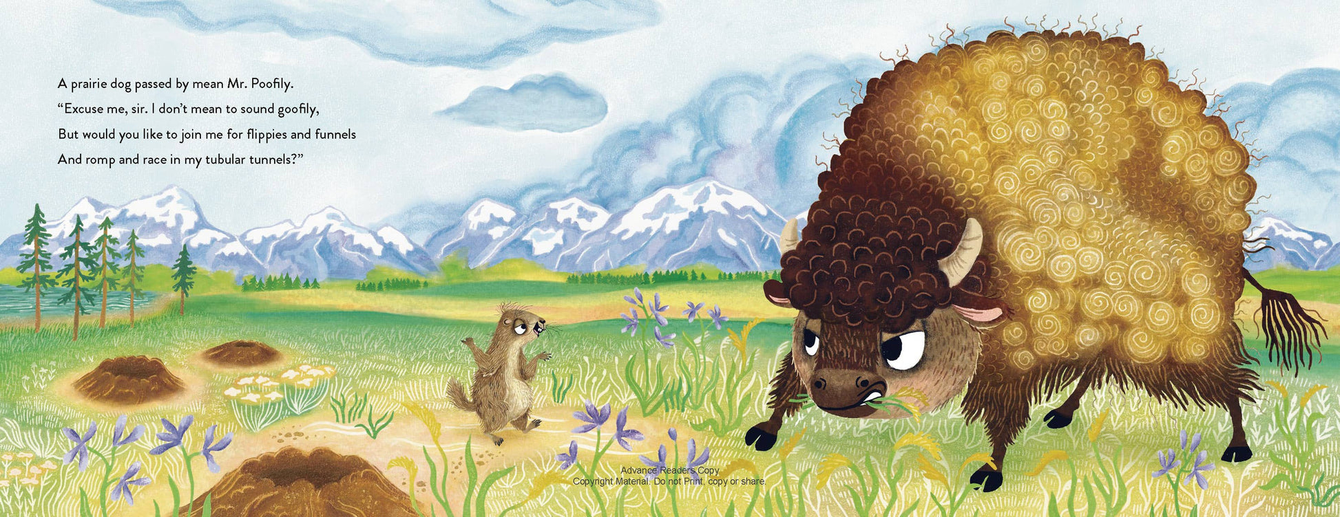 Illustration of a bison and a groundhog in a natural landscape with mountains and trees.