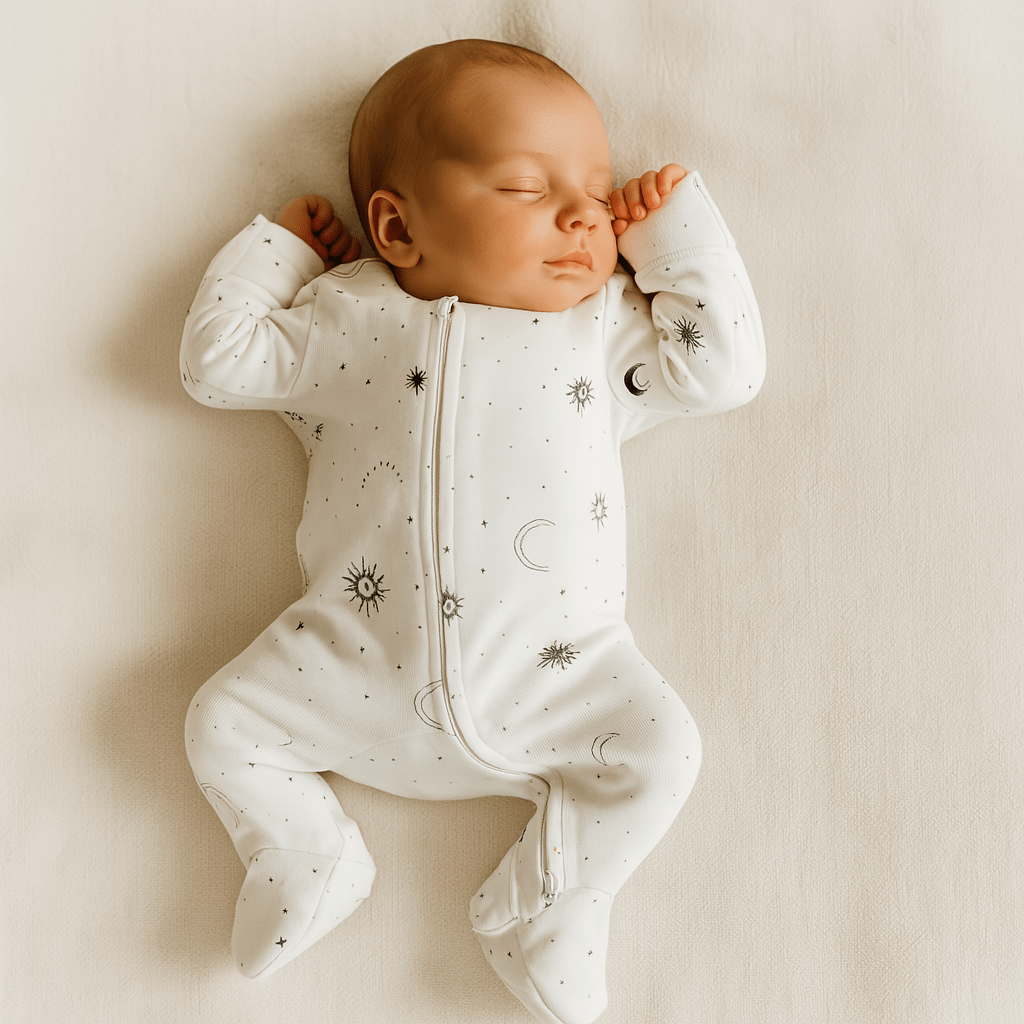 Newborn baby wearing a white onesie with celestial patterns on a beige background