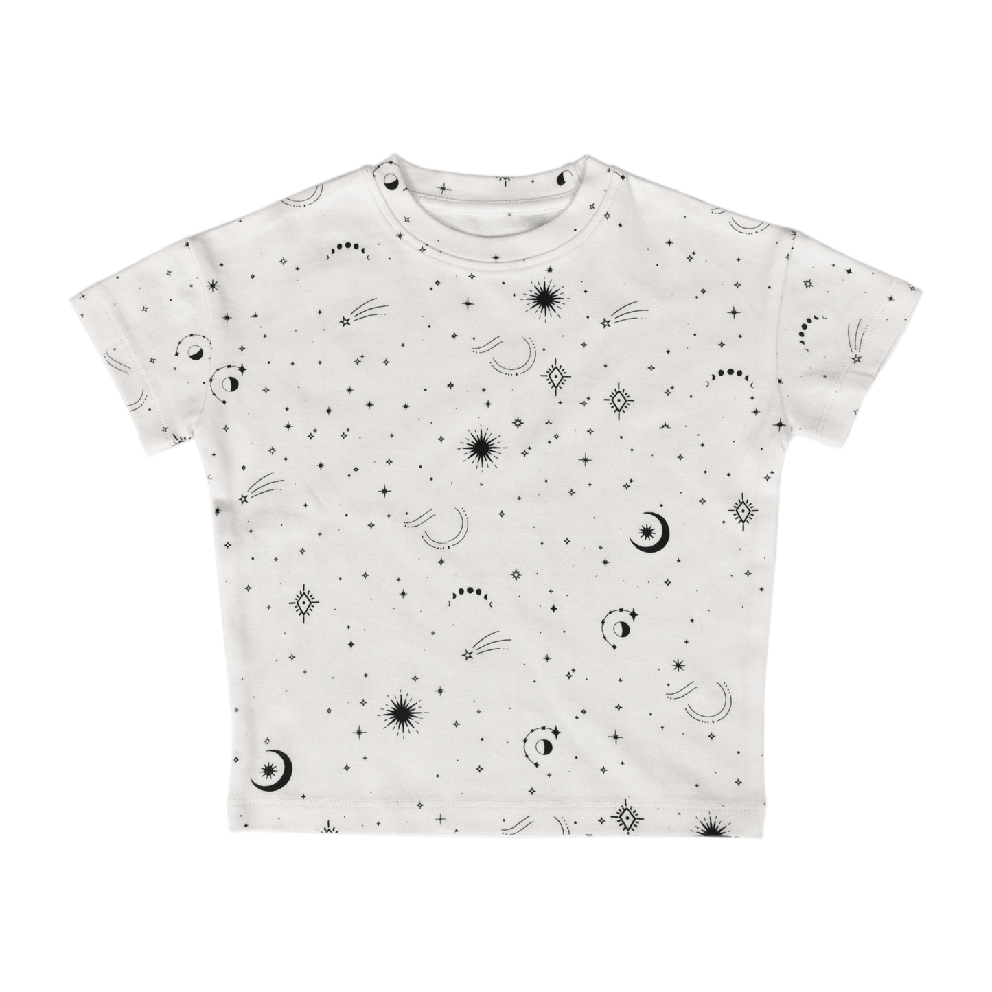 White t-shirt with black celestial pattern on a white background