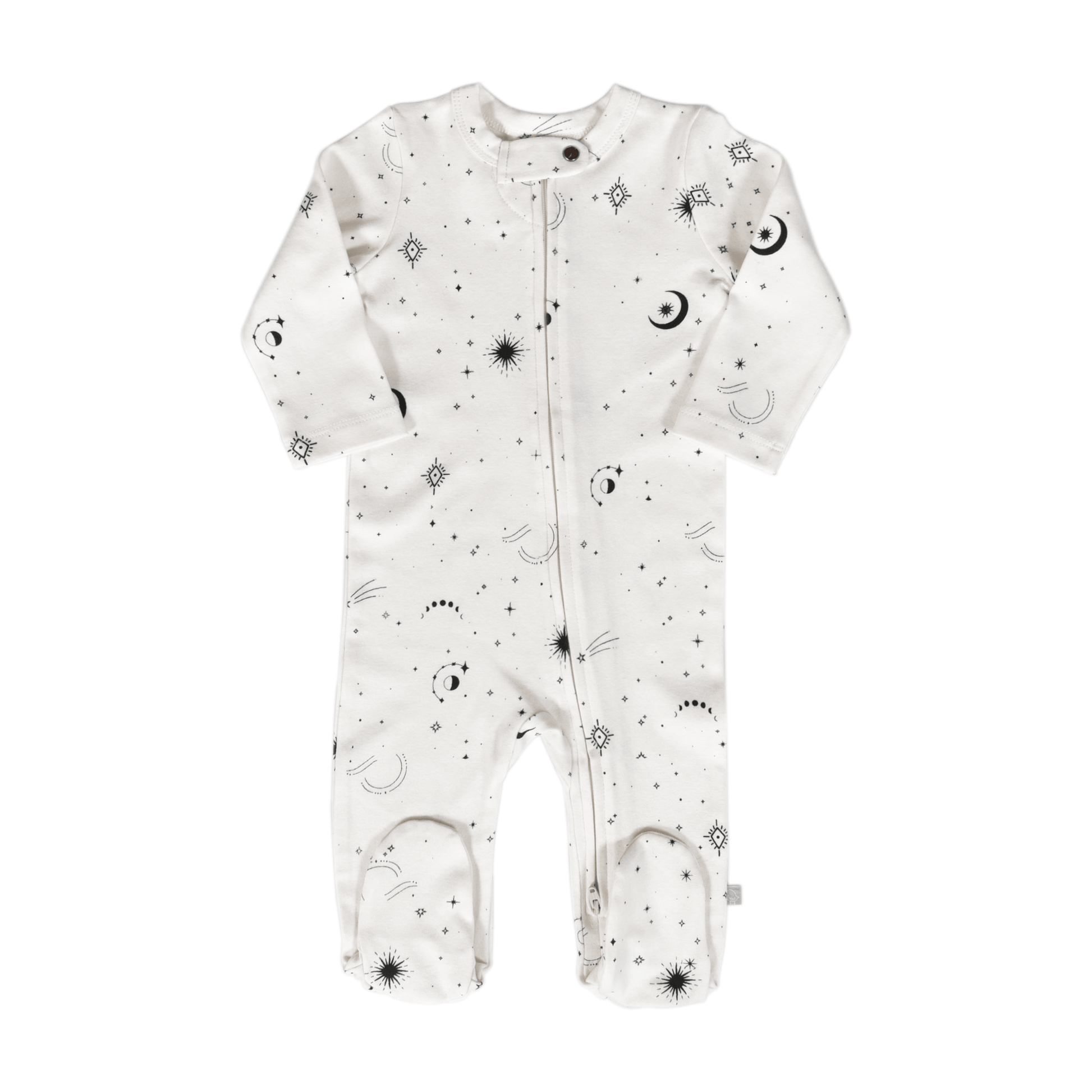 Baby onesie with space-themed print on a white background