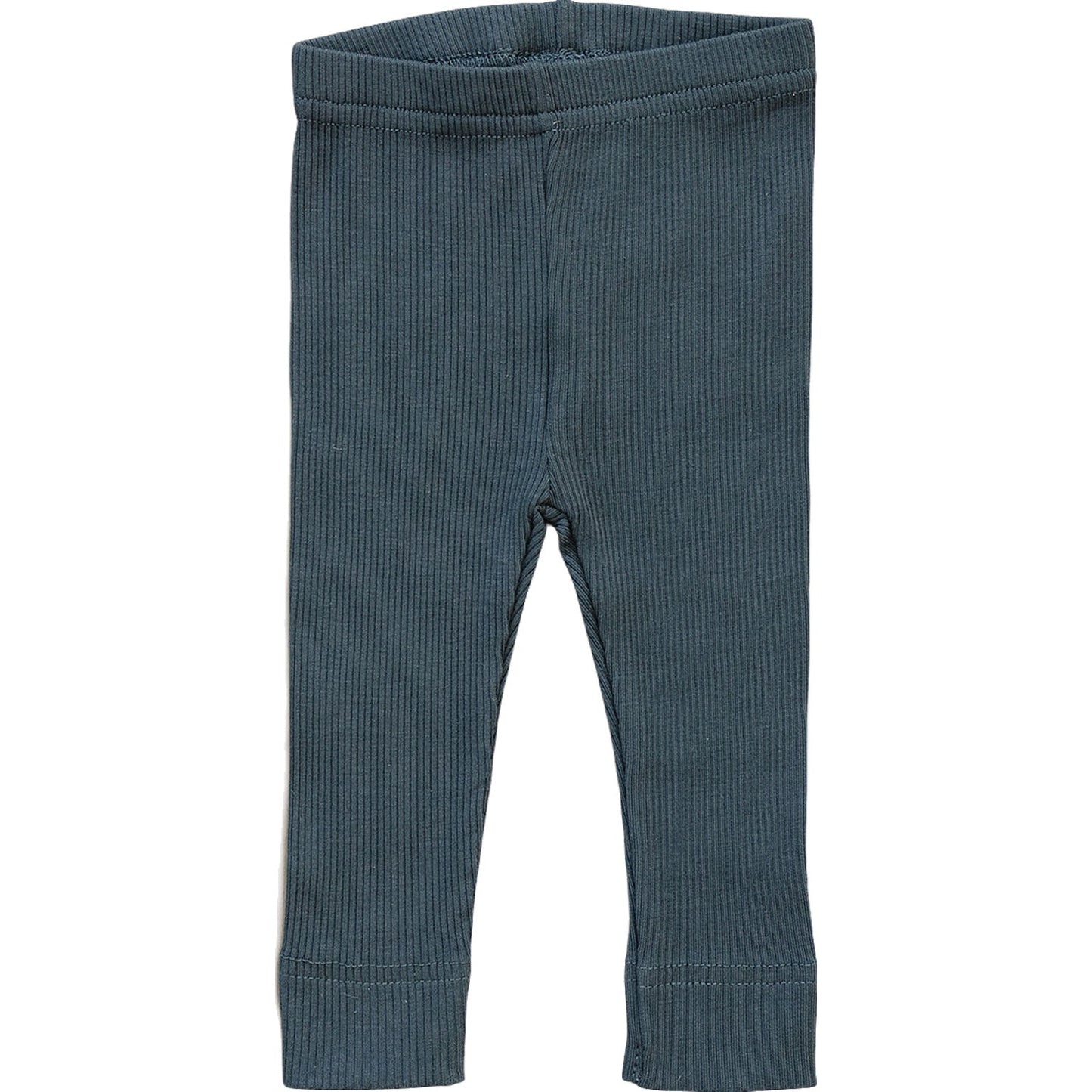 Blue ribbed baby leggings on a white background