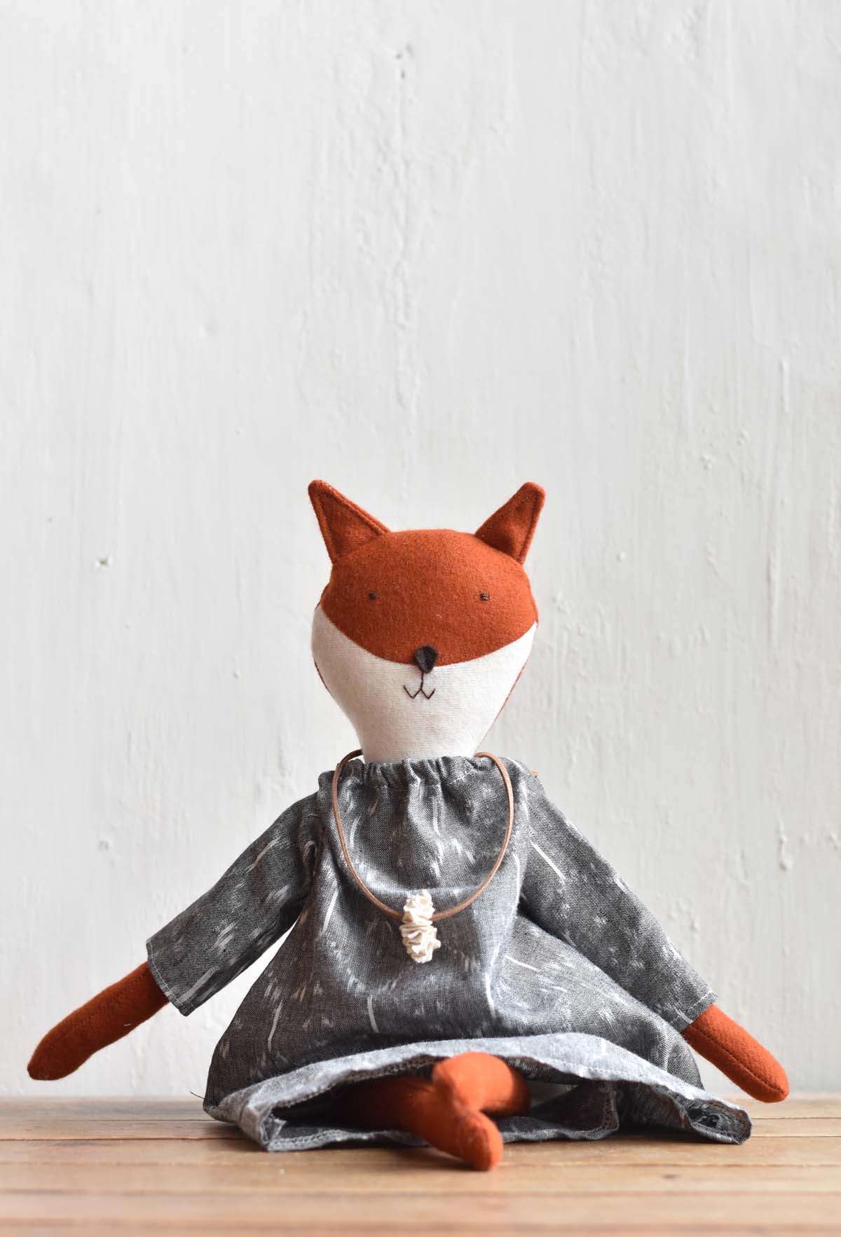Florette the Fox- Ikat Dress - Handmade Wool Doll - Woolgrass Farm
