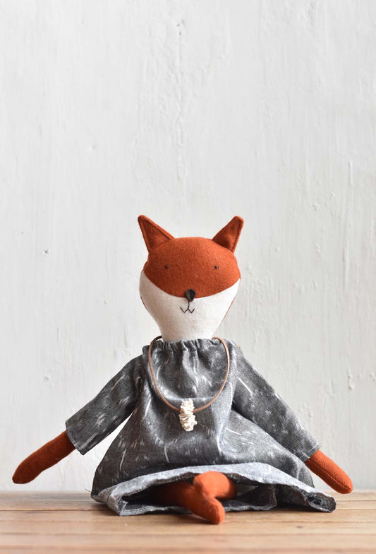 Florette the Fox- Ikat Dress - Handmade Wool Doll - Woolgrass Farm