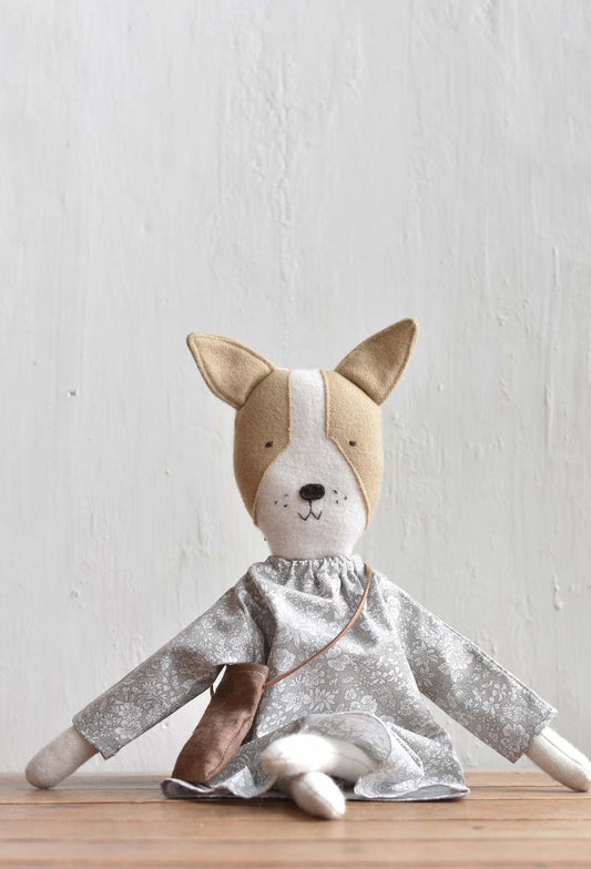Fig the Frenchie Dog - Liberty Floral Dress- Handmade Wool Doll - Woolgrass Farm