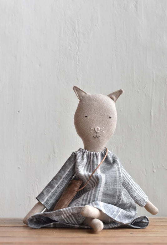 Mae the Barn Cat -Striped Linen Dress- Handmade Wool Doll - Woolgrass Farm