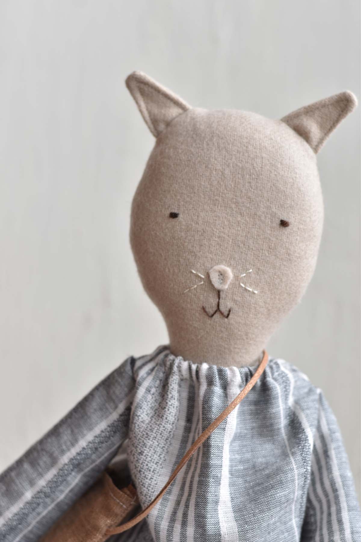 Mae the Barn Cat -Striped Linen Dress- Handmade Wool Doll - Woolgrass Farm