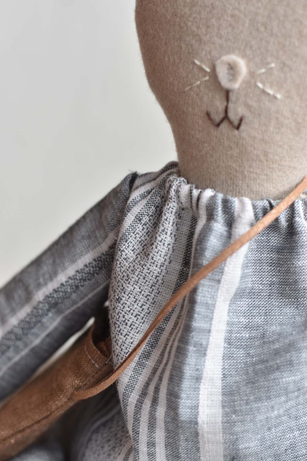 Mae the Barn Cat -Striped Linen Dress- Handmade Wool Doll - Woolgrass Farm