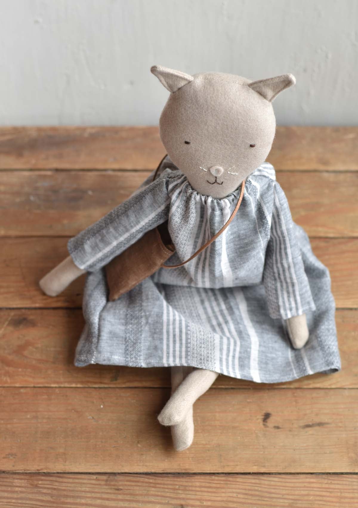 Mae the Barn Cat -Striped Linen Dress- Handmade Wool Doll - Woolgrass Farm
